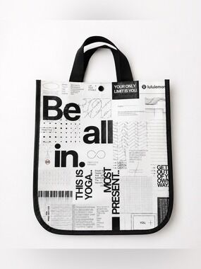 New Lululemon Large Reusable Tote Bag Black White Graphic Snap Closure